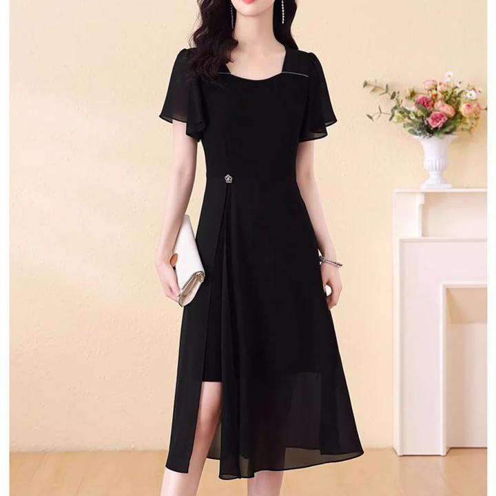 高级轻奢时尚黑色连衣裙大码遮肉遮胯不挑年纪过膝裙子2024夏新款