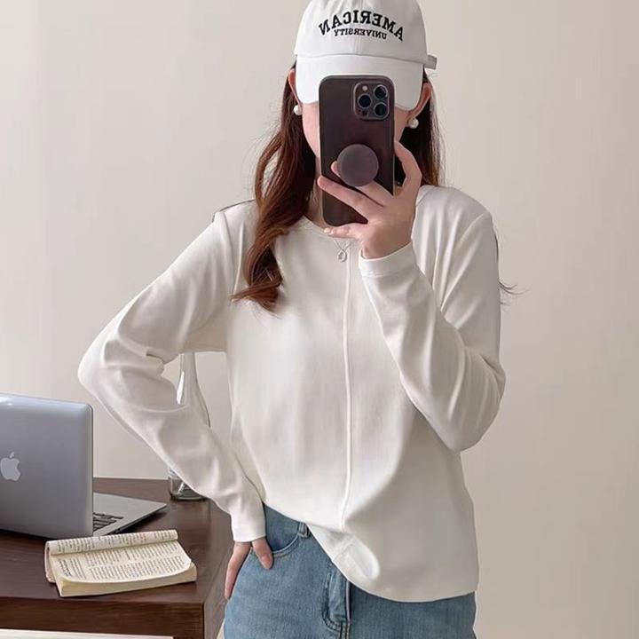 韩版亲肤立体中缝拼接打底衫洋气柔软设计感圆领简约慵懒长袖T恤