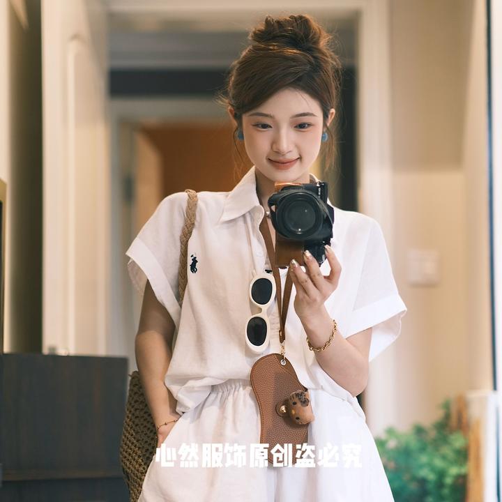老钱感棉麻套装薄款刺绣显瘦套装宽松时尚百搭翻领半袖polo领上衣