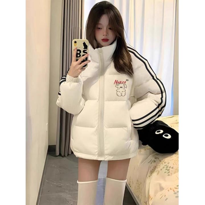 复古美式冬季新款宽松三条杠可爱百搭印花棉服外套面包服女ins潮