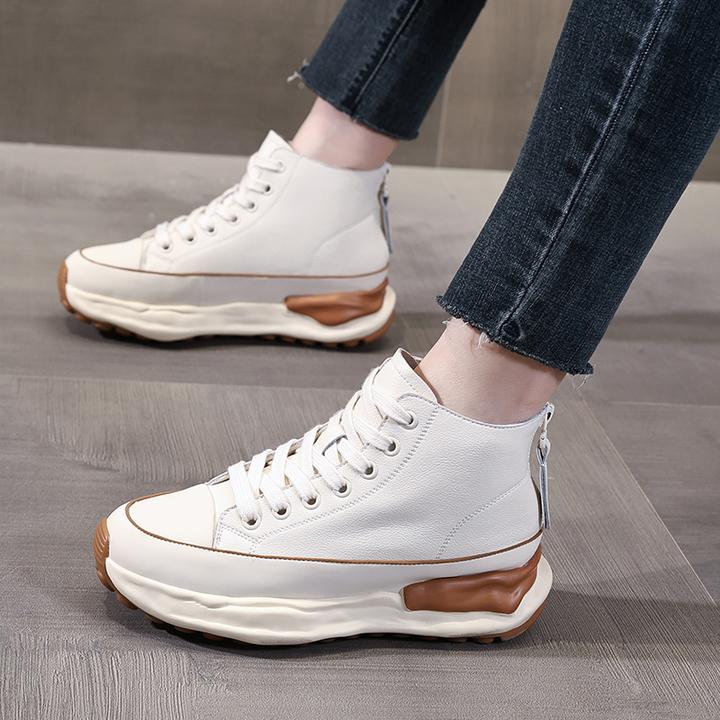 真皮厚底小白鞋2024新款韩版女鞋圆头系带平底高帮拉链休闲鞋