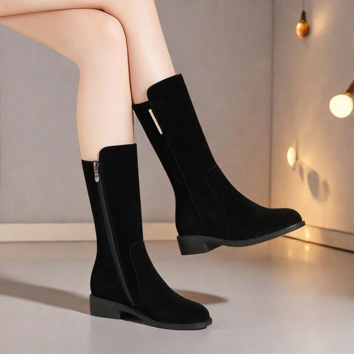 2025秋冬新款中筒靴女磨砂皮中跟粗跟瘦瘦靴加绒时装百搭靴子