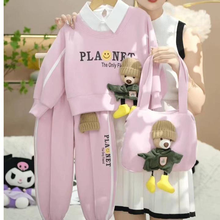 女童小熊卫衣套装春秋新款立体玩偶儿童宝宝运动女孩假两件套秋装