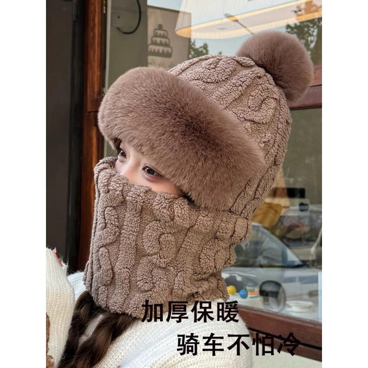 毛绒帽子围巾一体冬季可爱保暖护耳围脖加绒针织冬天骑行最近很火