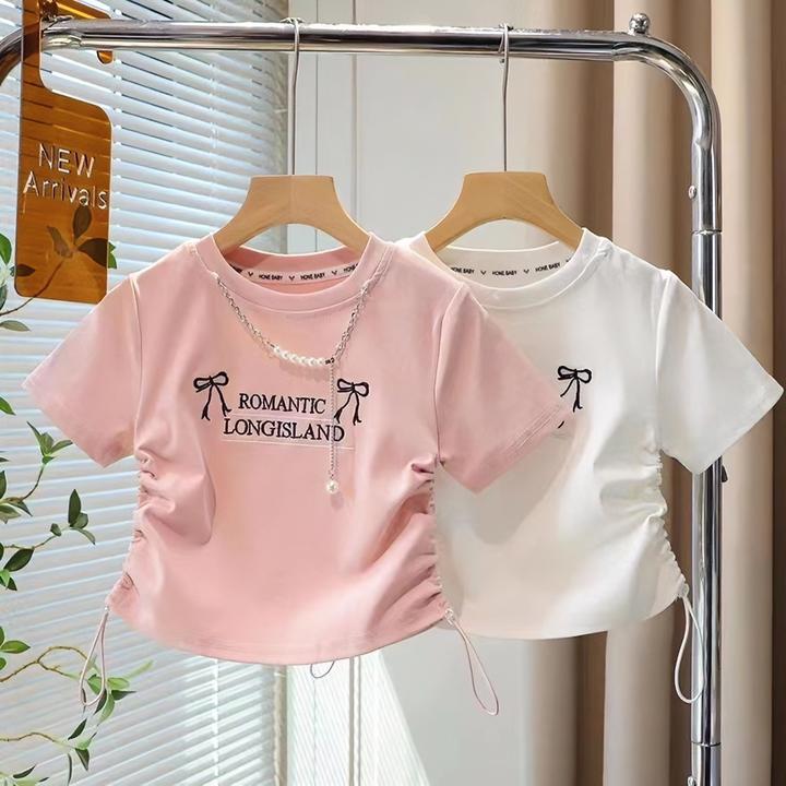 2025韩版女童短袖时尚T恤夏季新款中大童短款洋气抽绳百搭上衣潮