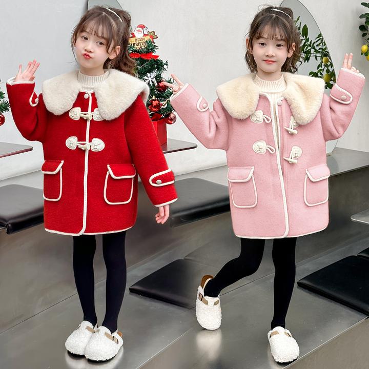 女童冬季红色加厚毛呢大衣中长款洋气儿童韩版外套宝宝拜年服