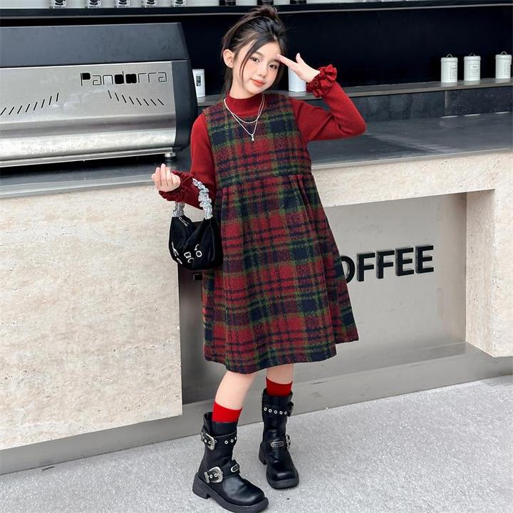 秋冬款毛衣加绒格子裙子套装中大童小女孩洋气儿童秋装连衣裙