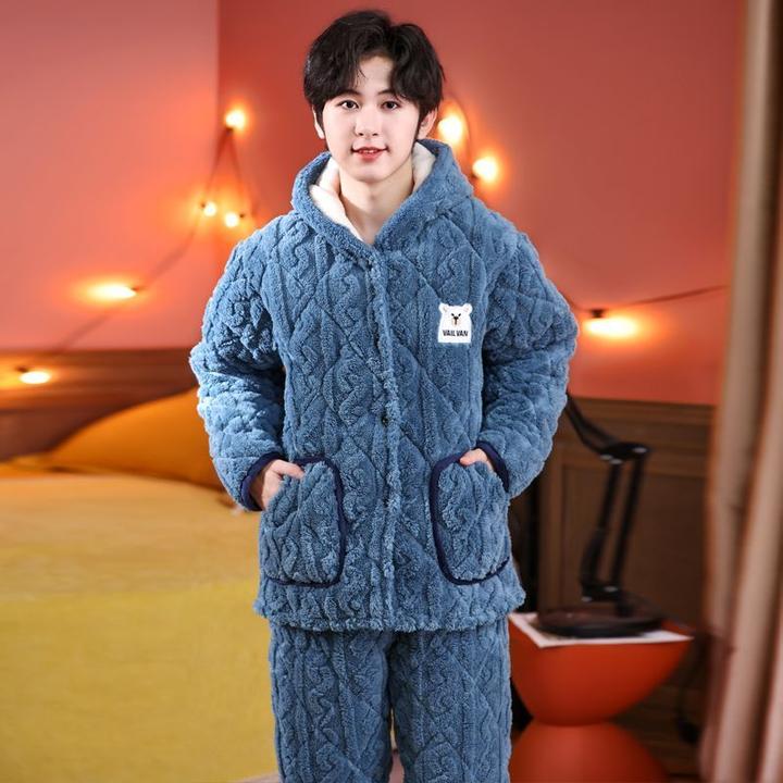 青少年男孩法兰绒睡衣冬季珊瑚绒三层夹棉加厚加绒中大儿童家居服