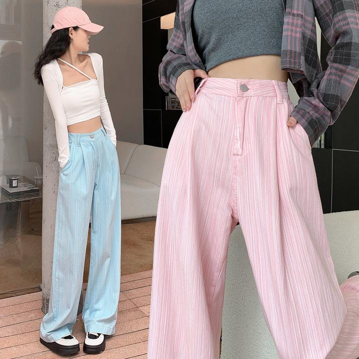 梨型秋季蓝色条纹休闲裤女女装高腰显瘦长裤身材百搭阔腿裤