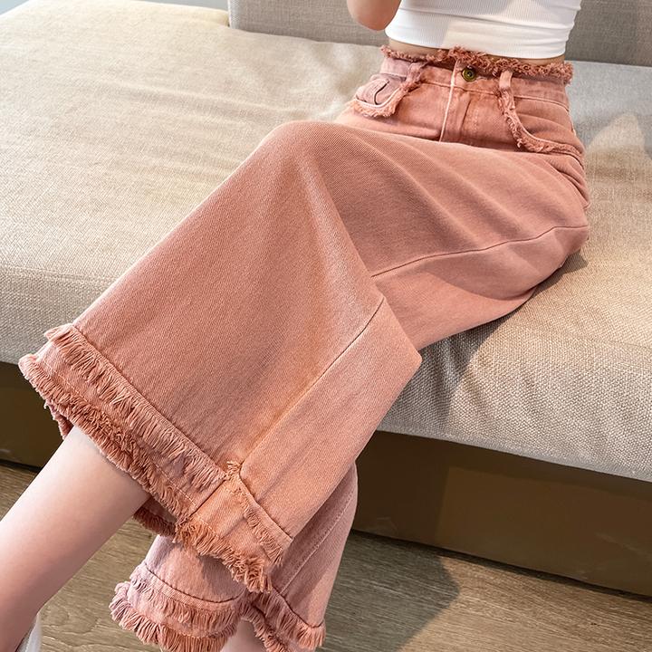 粉色毛边阔腿时尚女春夏季薄款高腰宽松显瘦小个子八九分直筒裤