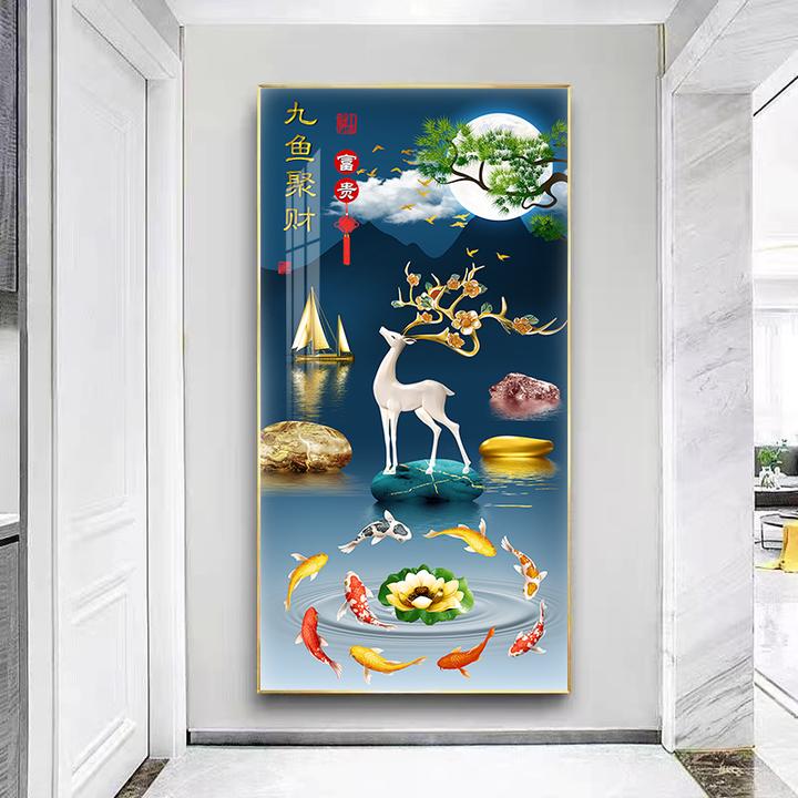 玄关装饰画九鱼聚财中式吉祥挂画高端大气晶瓷镶钻麋鹿富贵墙壁画