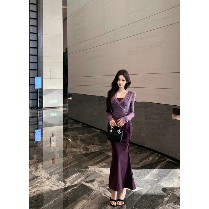 秋冬S型包臀鱼尾长裙蕾丝开衫两件套ZC60