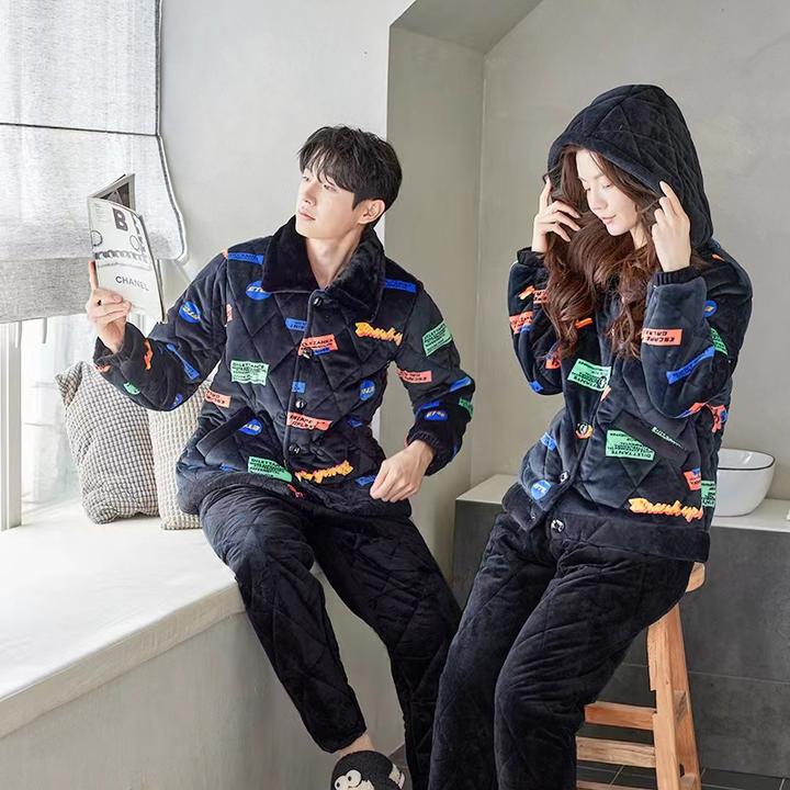 三昌冬季情侣睡衣三层夹棉加绒加厚保暖家居服套装