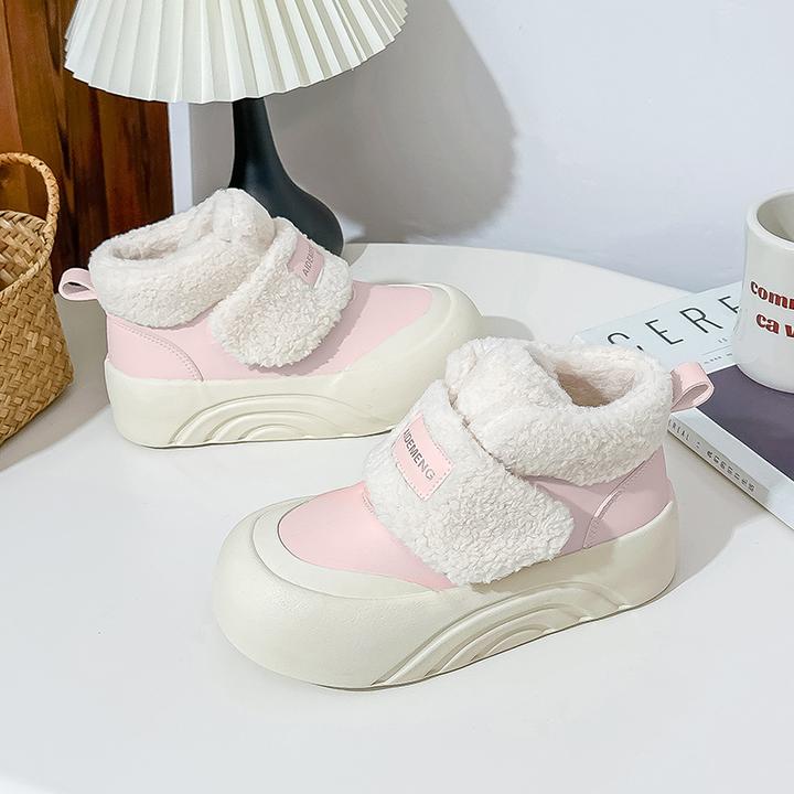 秋冬少女美式粉嘟嘟加绒面包鞋魔术贴中学女生新款加绒高帮小白鞋