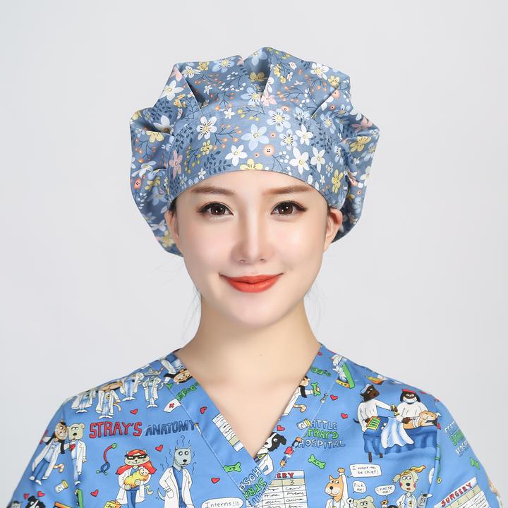 巧护士蓬蓬帽清新花女医生护士帽薄款印花厨房防油烟帽车间工作帽