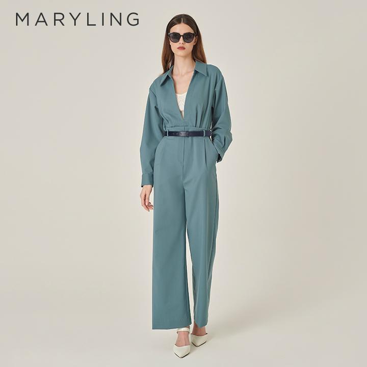MARYLING玛俪琳2024初秋新品雾蓝色前胸深V阔腿连体裤A1EFW57000