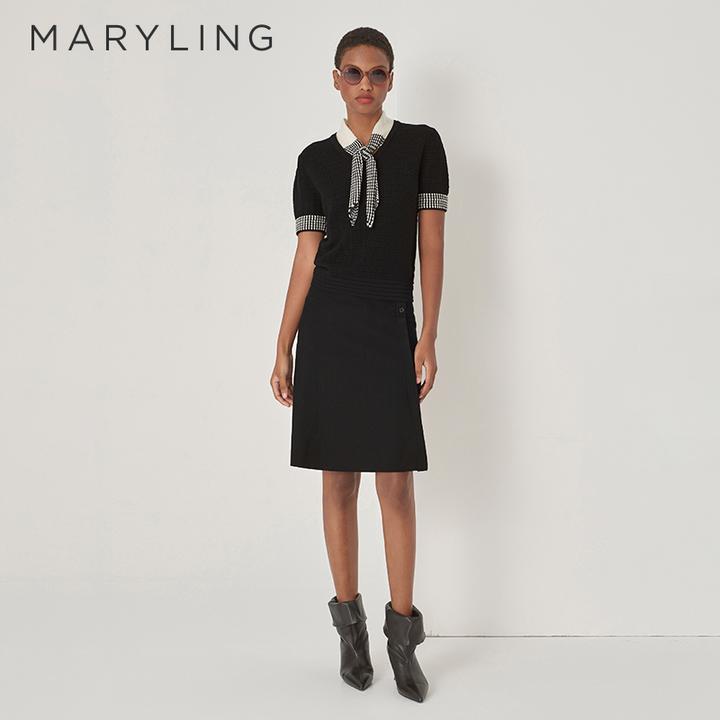 MARYLING玛俪琳初秋新品黑白撞色小翻领针织短袖套头衫A1DFW03060