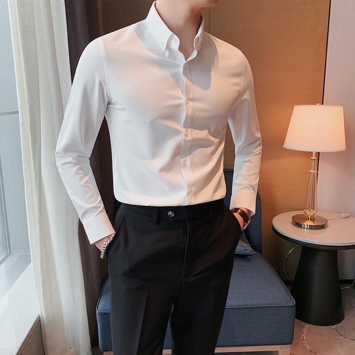 白色衬衫男长袖商务休闲男士衬衣免烫抗皱修身韩版寸衣高级感高端