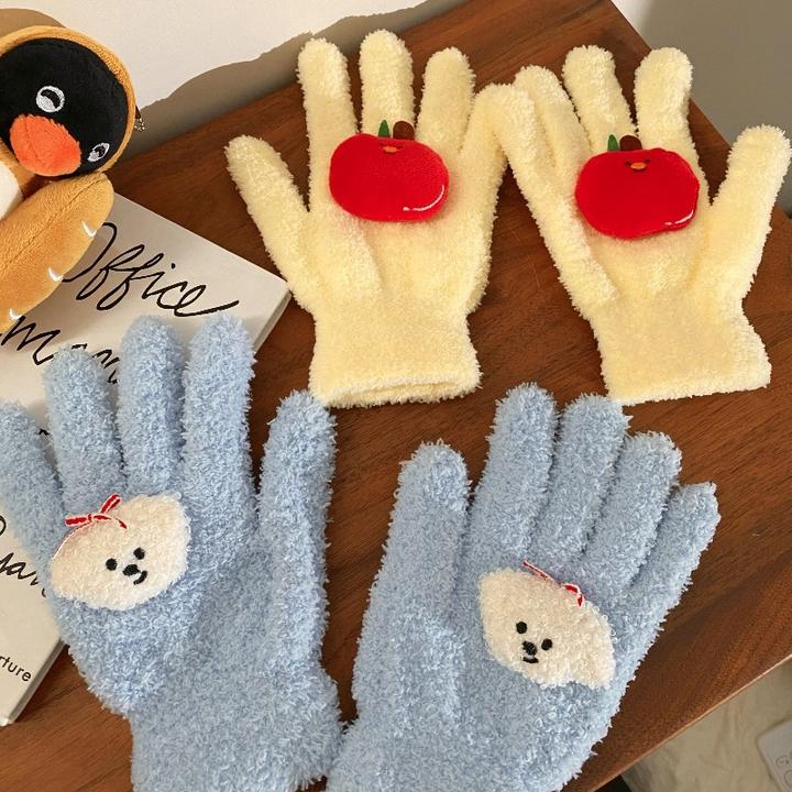 卡通珊瑚绒手套少女心秋冬保暖手套学生情侣户外骑行加绒防寒手套