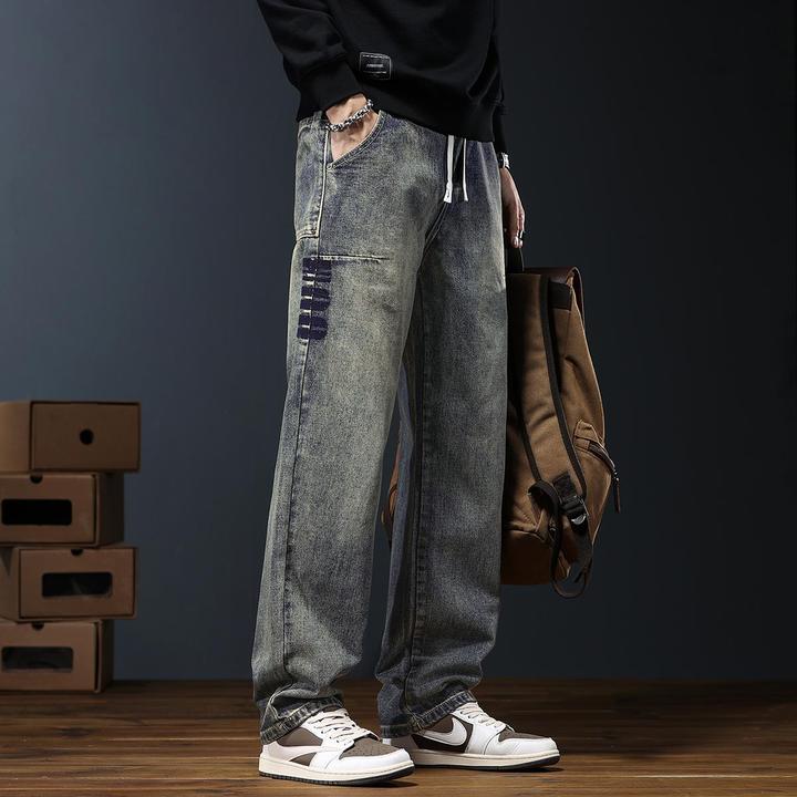 美式复古秋季牛仔裤男士重磅水洗宽松直筒潮牌男裤子阔腿长裤百搭