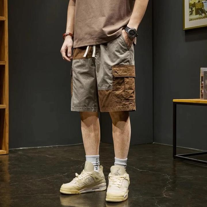 美式重磅复古工装短裤男夏季宽松直筒拼接撞色休闲五分裤外穿中裤