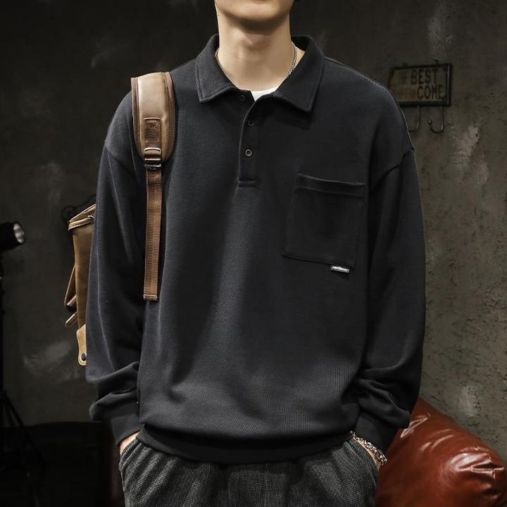 秋季美式polo衫长袖男士卫衣重磅潮牌大码春秋高级感纯色翻领上衣