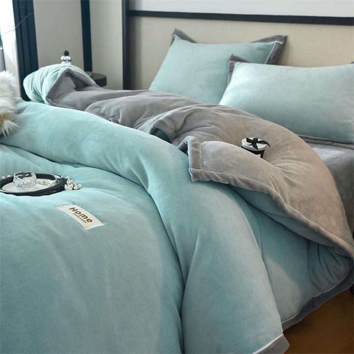 高档轻奢简约秋冬款纯色牛奶绒加厚双面绒蓄热保暖包边款--四件套