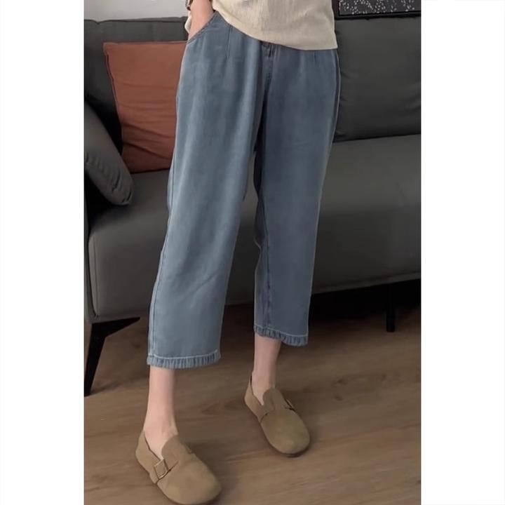 艾塔莉七分天丝牛仔裤女冬新款薄款大码冰丝垂感八九分哈伦阔腿裤