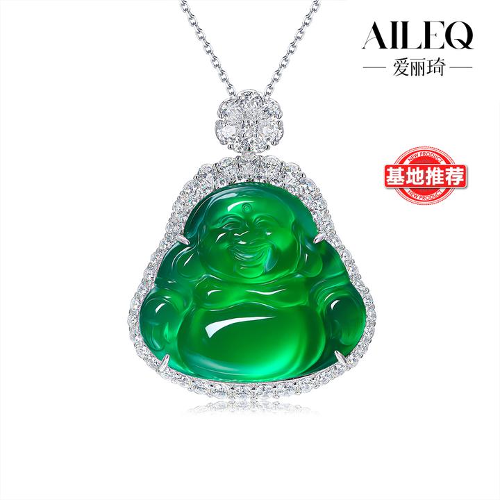 AILEQ925银镶天然玉髓满绿大佛公项链珠宝欧若风吊坠明星同款饰品