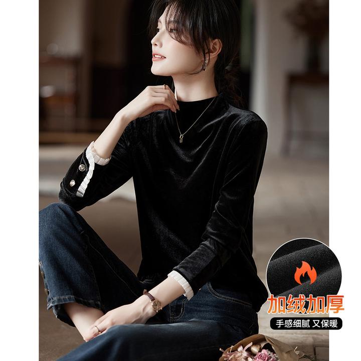 尚静木耳花边袖半高领打底衫2025冬季新款时尚气质丝绒保暖上衣