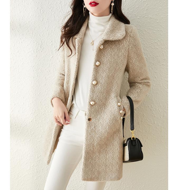 尚静优雅商务风仿貂绒外套2024秋冬新款珍珠纽扣中长显瘦加厚外套