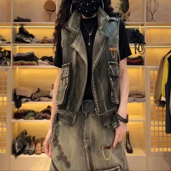 欧洲站春秋新款显瘦百搭上衣背心搭配复古重工水洗哈伦裤女套装