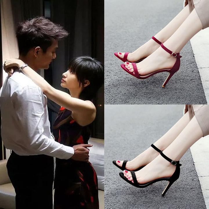 一字带扣露趾女2025夏季新款高跟鞋细跟韩版学生黑色百搭细带3233