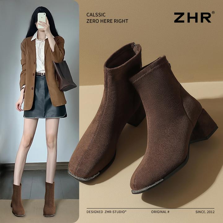 ZHR则则绒面短靴女2024秋冬新款复古美拉德粗跟马丁靴加绒瘦瘦靴