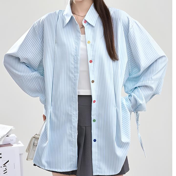设计感小众别致彩色纽扣条纹衬衫女长袖开衫上衣宽松时髦大码女装
