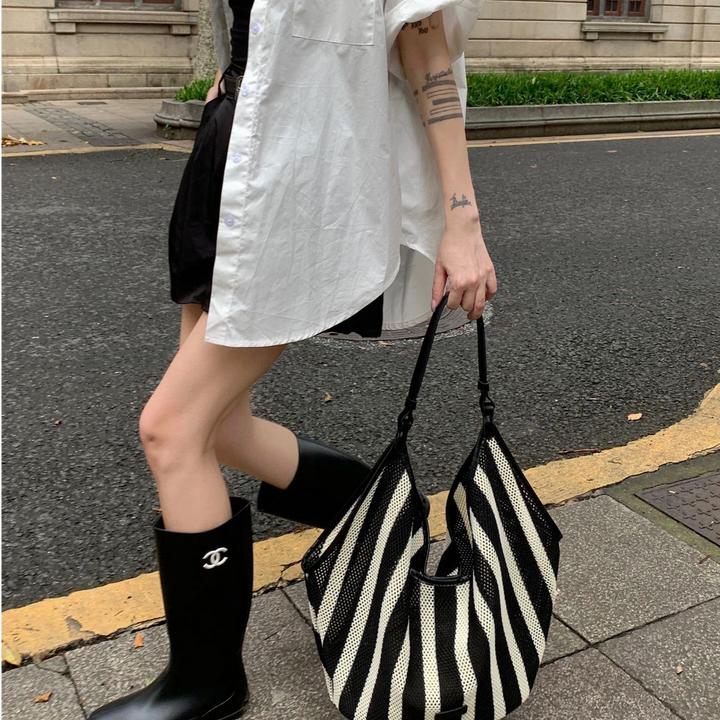 菜篮子编织包包女条纹大容量斜挎休闲度假慵懒风腋下托特包通勤包