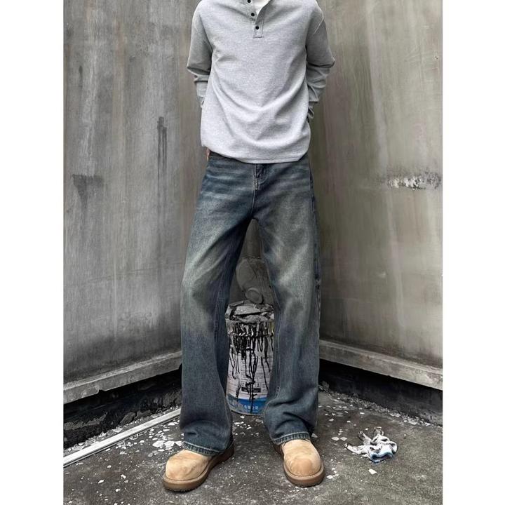 LIGGICC复古蓝牛仔裤男款加绒厚裤子美式高街宽松阔腿直筒微喇裤