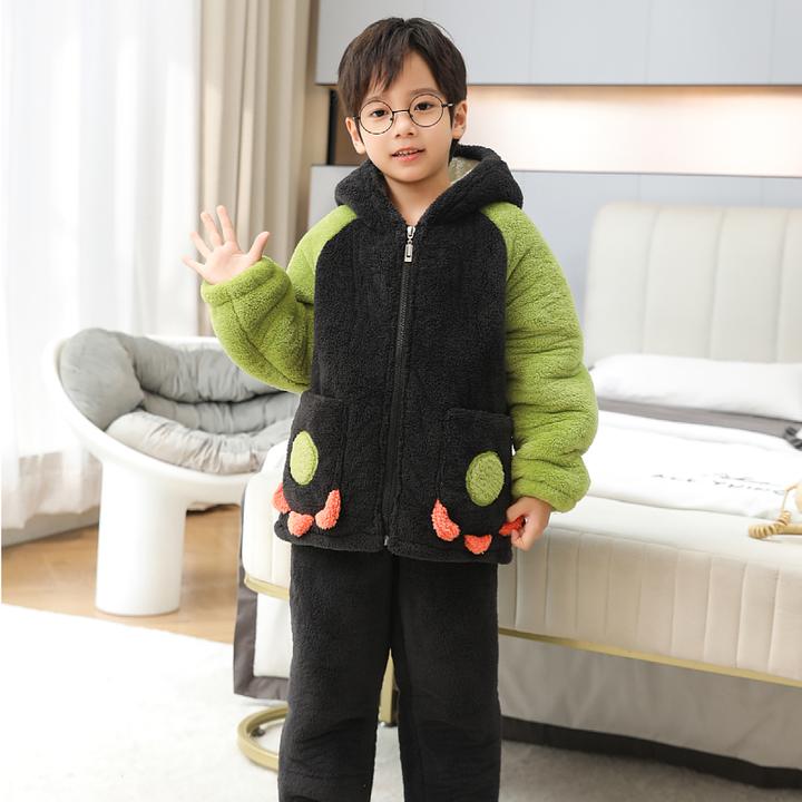 儿童冬季三层加绒加厚睡衣男童中大童宝宝卡通保暖外穿家居服套装