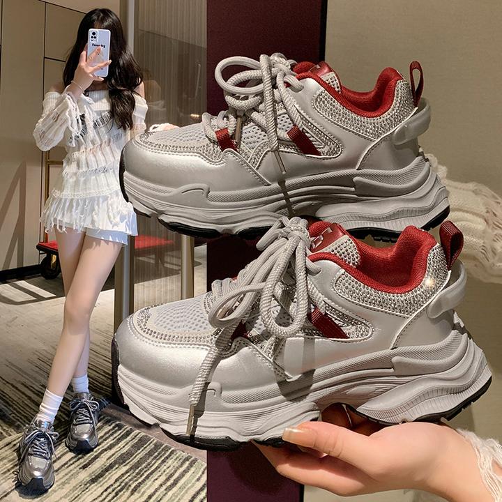 网红厚底老爹鞋女2024新款秋季百搭透气防滑小个子增高运动休闲鞋