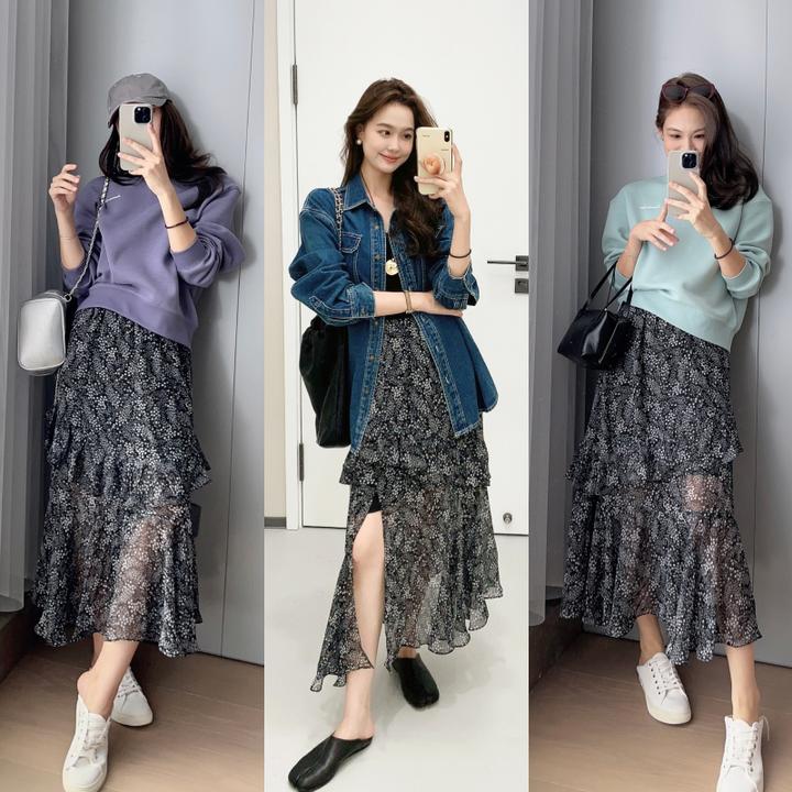 【现货】美洋MEIYANG 步步生花半身裙 复古微透雪纺印花A字荷叶长裙