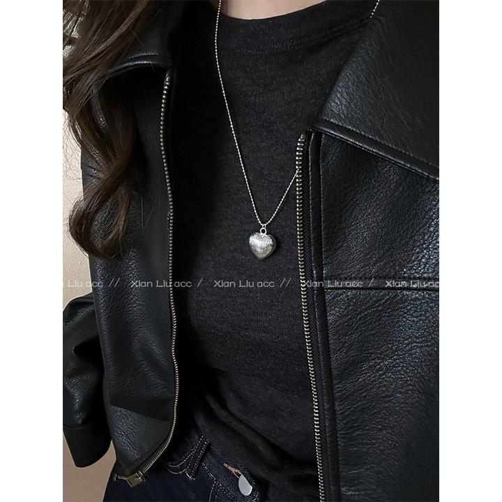 铜合金项链 银色拉丝爱心吊坠项链女2024新款爆款高级长款毛衣链