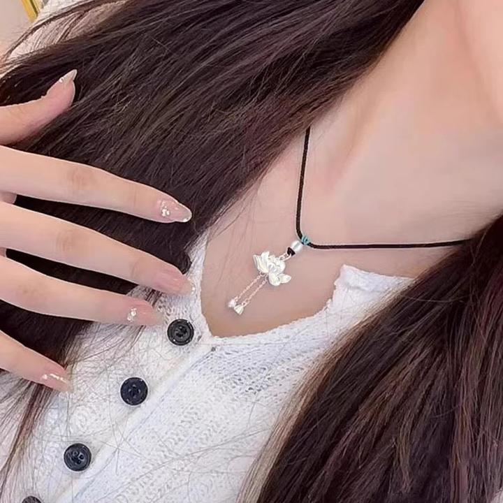 钛钢合成锆石项链 莲花流苏项链国风两世欢古法哑光编织黑绳颈链