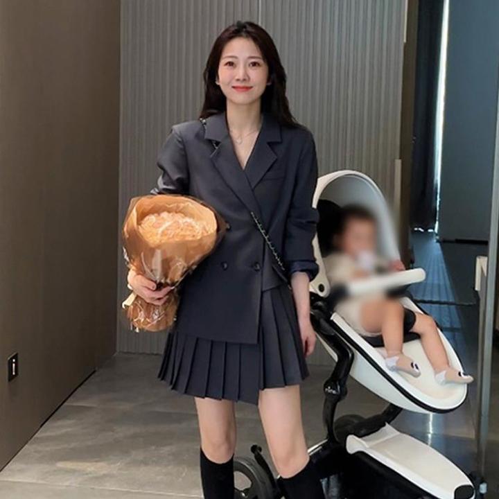 高端精致西装连衣裙子2024新款女春秋学院风小个子百褶短裙两件套
