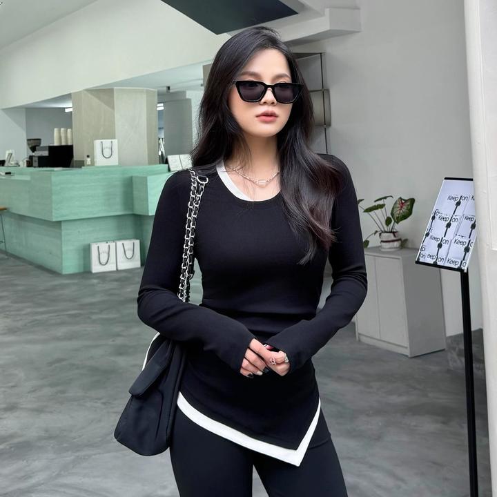 设计感小众长袖T恤女2025秋冬新款撞色收腰修身不规则打底衫上衣