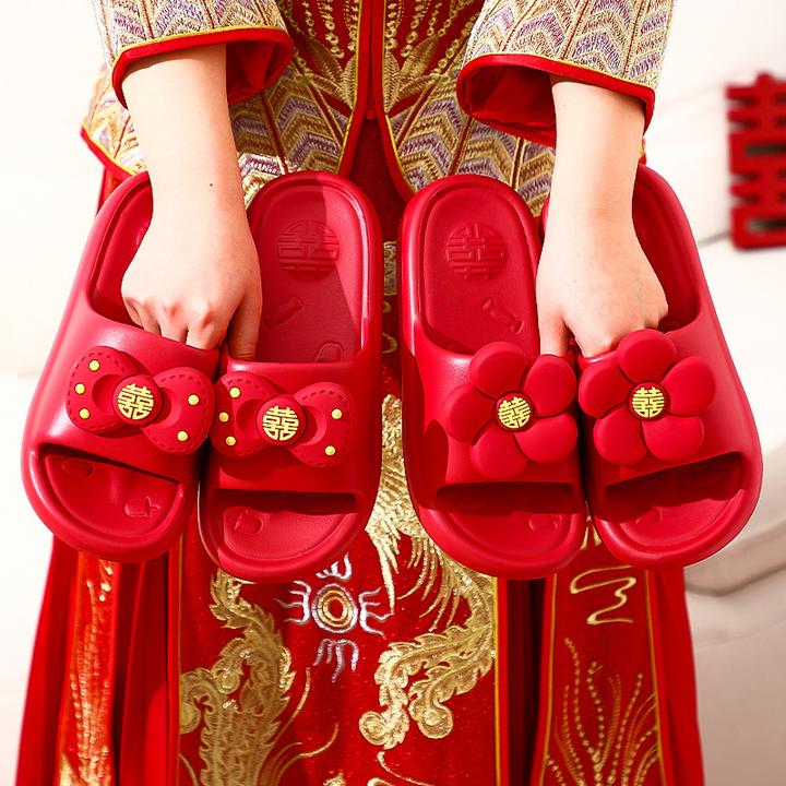 结婚大红色拖鞋喜庆一对夫妻新娘陪嫁夏季情侣居家浴室厚底防滑女