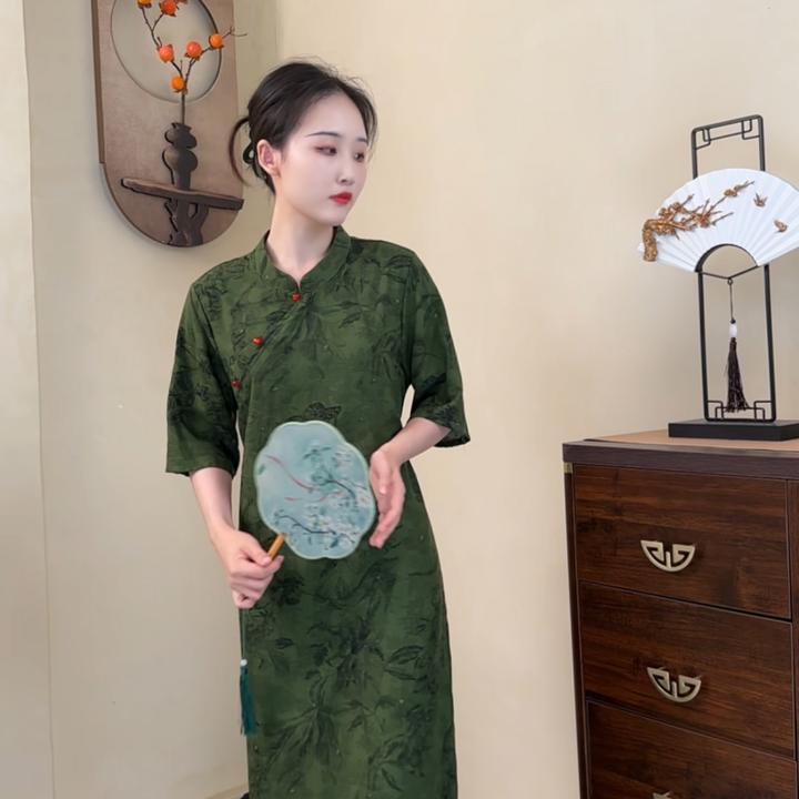 中国风旗袍夏季宽松女士微胖复古休闲斜襟棉绸连衣裙棉绸旗袍