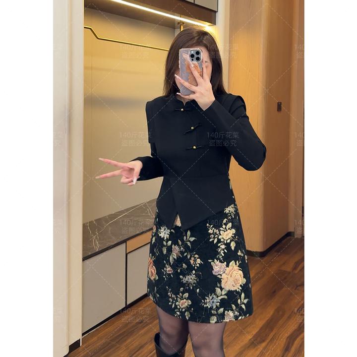 （现现款）花菜微胖定制~【油画之境】新中式复古国风假两件连衣裙