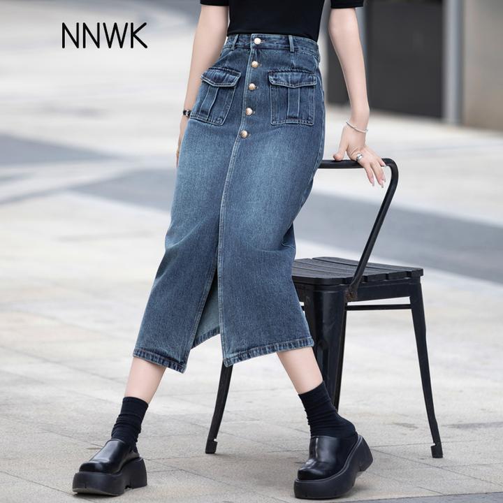 春秋季复古百搭牛仔半身裙新款中长款高腰包臀裙子开叉显瘦A字裙
