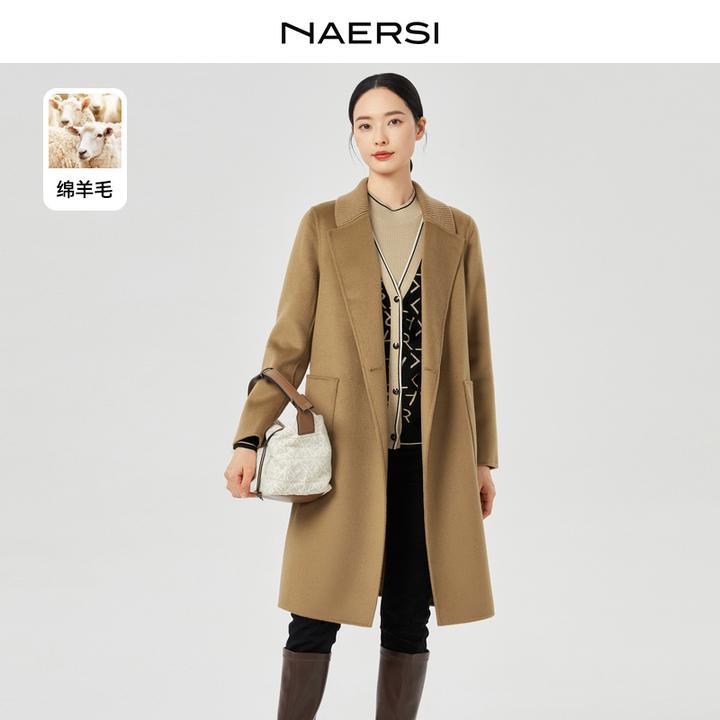 娜尔思经典女士时髦中长款绵羊毛大衣气质时尚双面呢NL00738E5