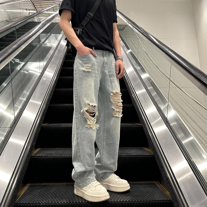 QUALCOMM潮流破洞牛仔裤男春夏浅色水洗美式长裤宽松直筒乞丐裤